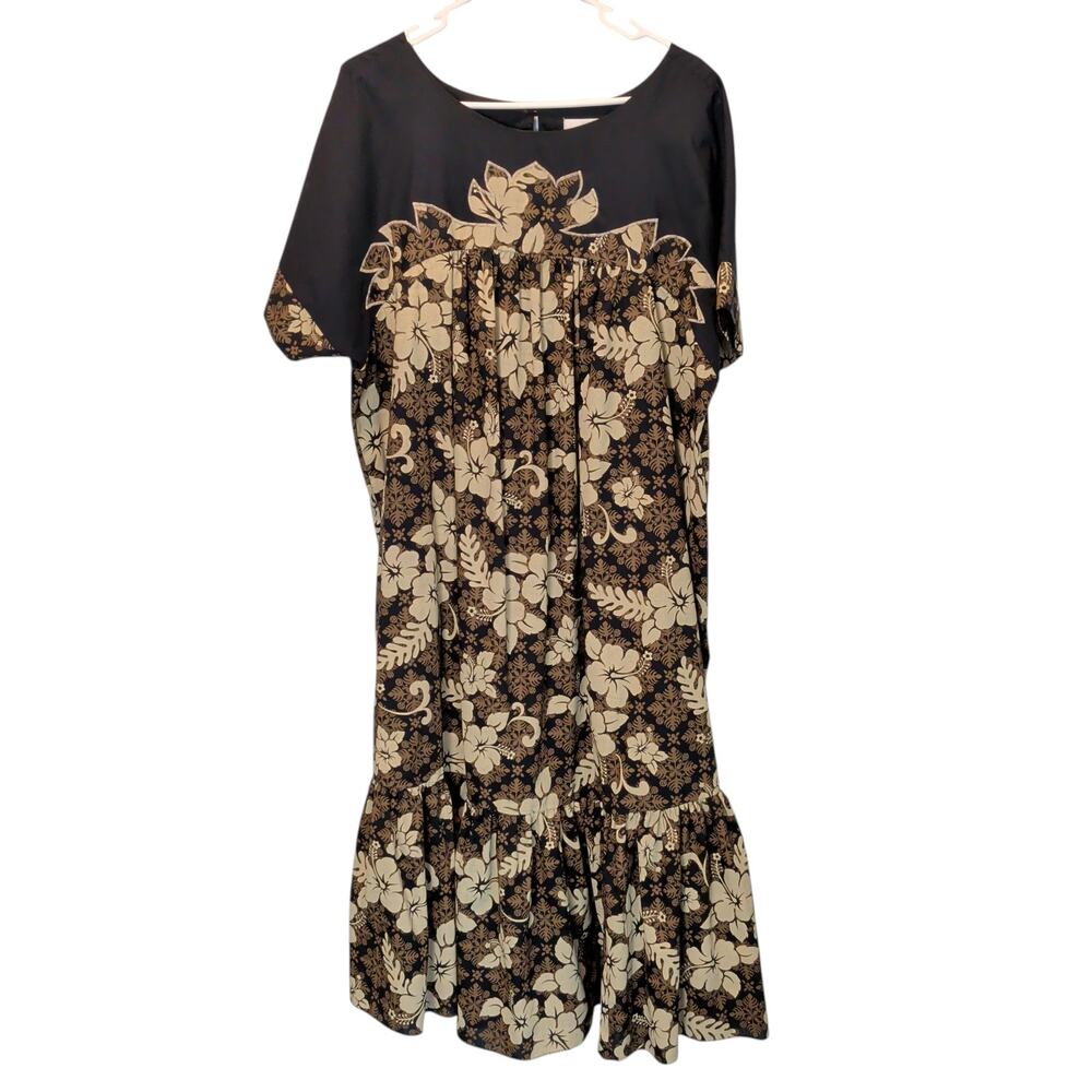 Lucky You Hawaii Traditional Black and Brown Floral MuuMuu Dress